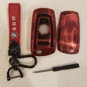 BMW Red Carbon Fiber Leather Keychain & Red & Black Car Key Fob Cover